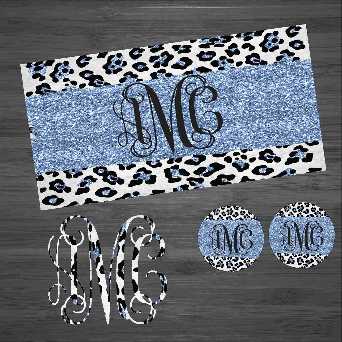 Light Blue Glitter Leopard Car Kit