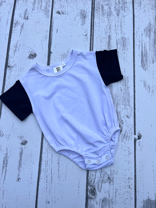 Polyester Bubble T-Shirt Romper-White w/ Black Sleeves