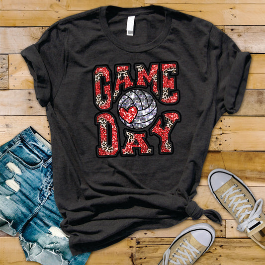 Volleyball Game Day Red Glitter Leopard - Transfer