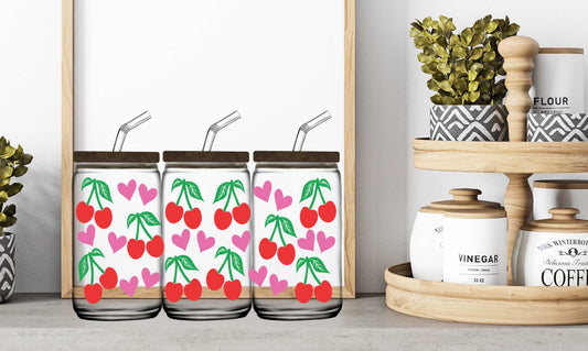 16oz Glass Jar Sublimation Wrap-- Hearts & Cherries