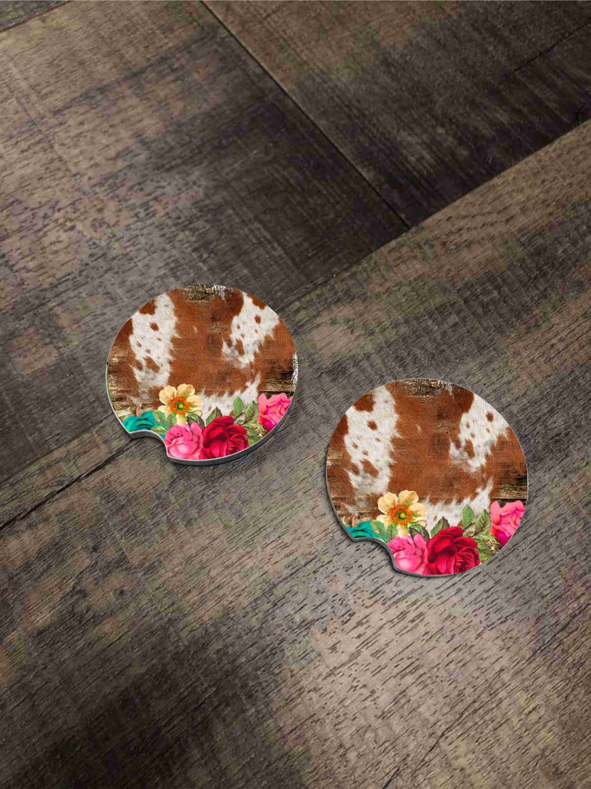 Car Coasters - Floral Cow Hide