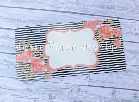 License Plate- Peach Floral Striped